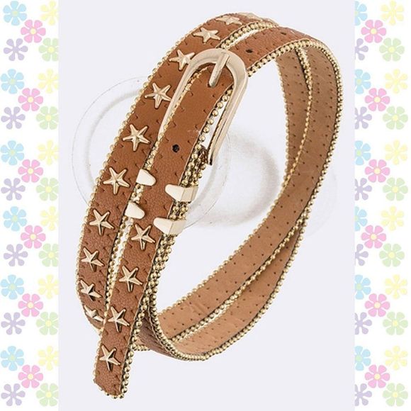 Accessories - Stars Gold Studs Thin Vegan Leather Women's Belt